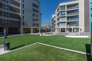 A grassy courtyard is surrounded by two buildings.
